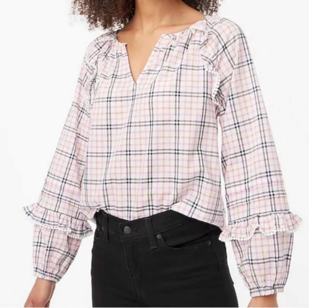 🆕J.CREW Plaid Ruffle Trim Peasant Top Blouse Ivory Pink Blue Eyelet Size Large